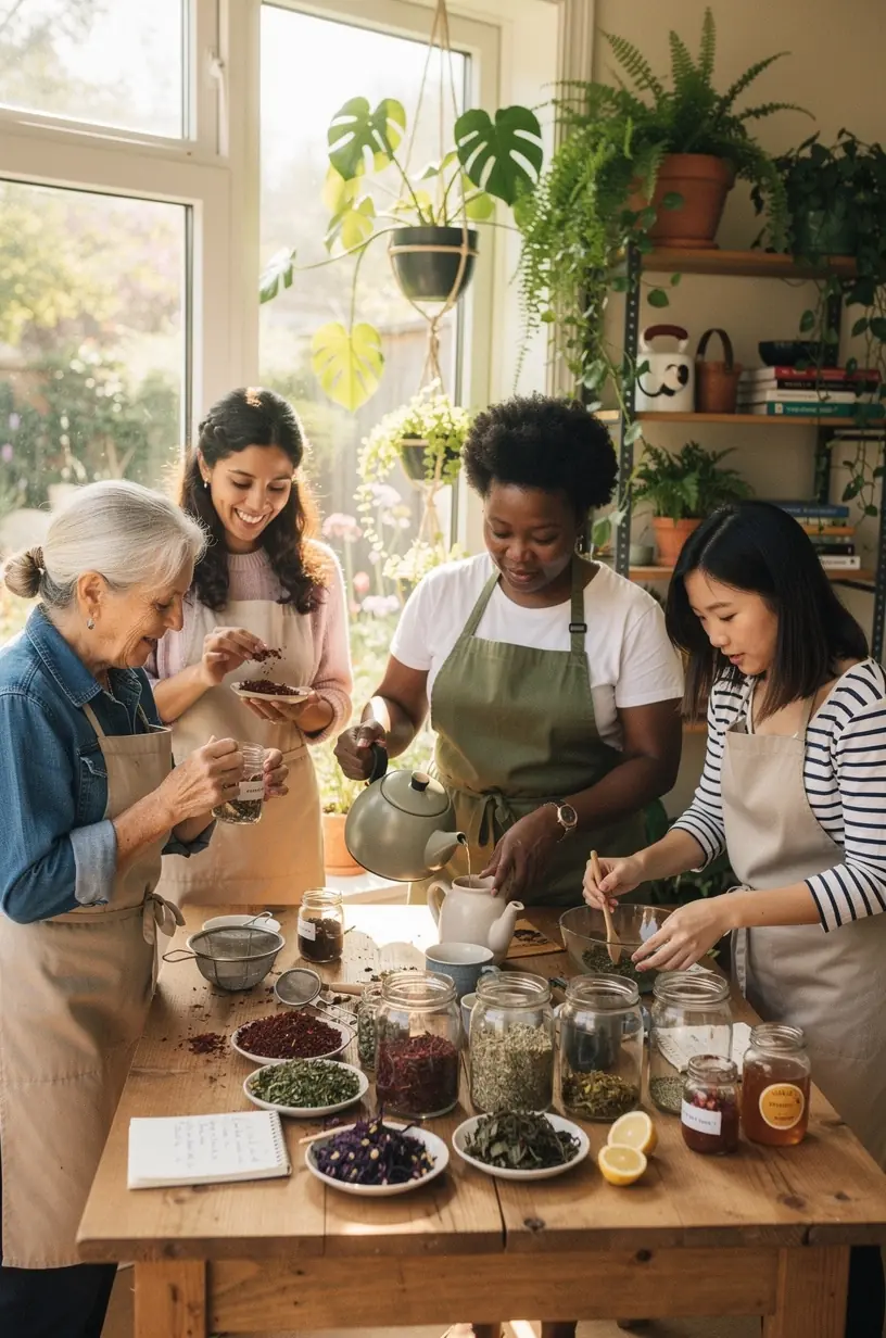 Pastabos ir arbatos receptų knygelė atversta ant stalo, skatinanti savarankišką savęs priežiūrą ir mokymąsi.