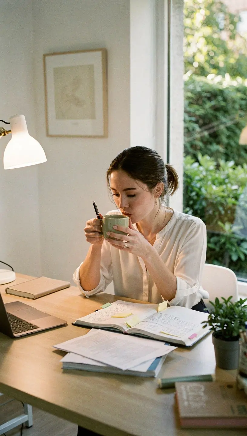 Šiltos arbatos puodelis ant medinio stalo šalia žvakės ir knygos, simbolizuojantis ramybės rutiną.