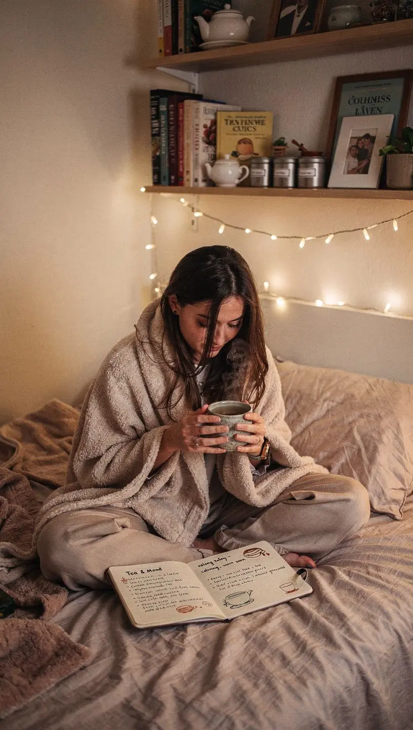 Švelniai garuojantis žolelių arbatos puodelis su ryškia natūralia aplinka fone.