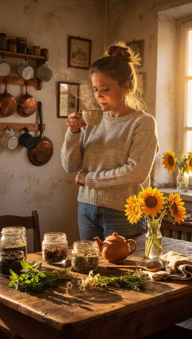 Šilta arbatos puodelio nuotrauka ant stalo su užrašų knygute, simbolizuojanti kasdienės arbatos ritualų ir savęs priežiūros praktikas namuose.